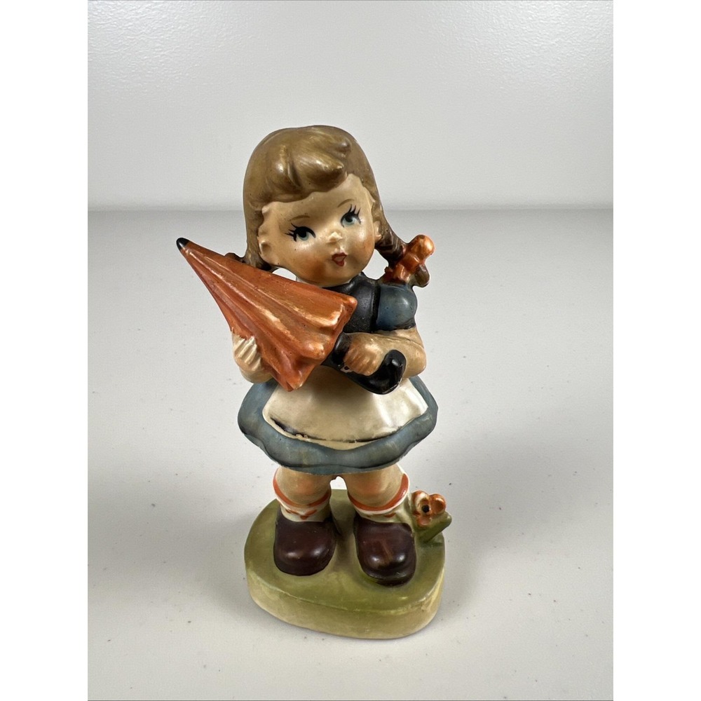 Vintage Rare Girl with Umbrella Porcelain Ceramic Glazed Figurine Made in Japan